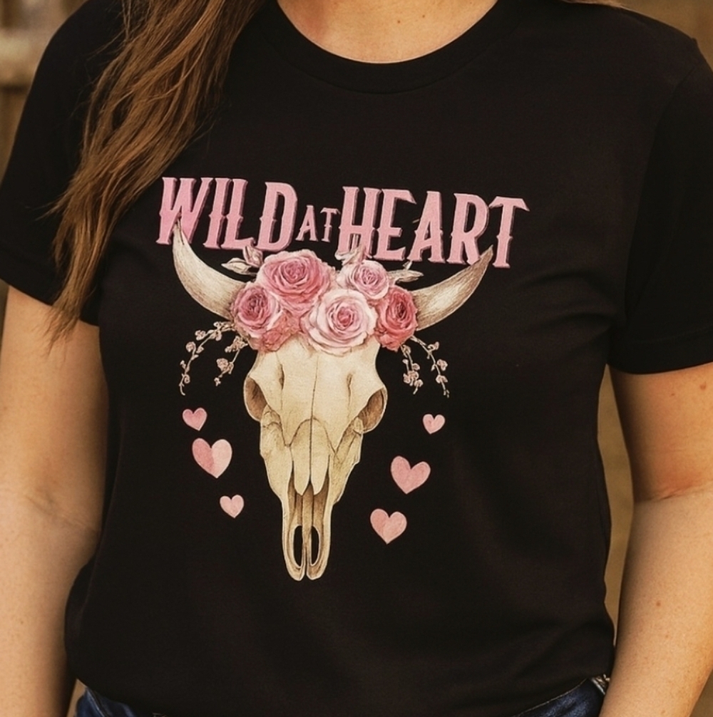 Wild at Heart Western Cowgirl Tee • Floral Cow Skull Graphic Shirt • Country